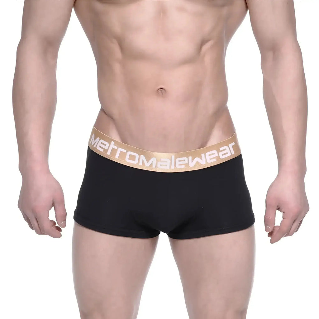 Black MetroMaleWear body boxer brief with gold elastic waistband and white metromalewear logo 1023-20