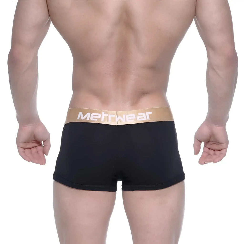Black men’s body boxer briefs with tan waistband and methwear logo in white by metromalewear 1023-20