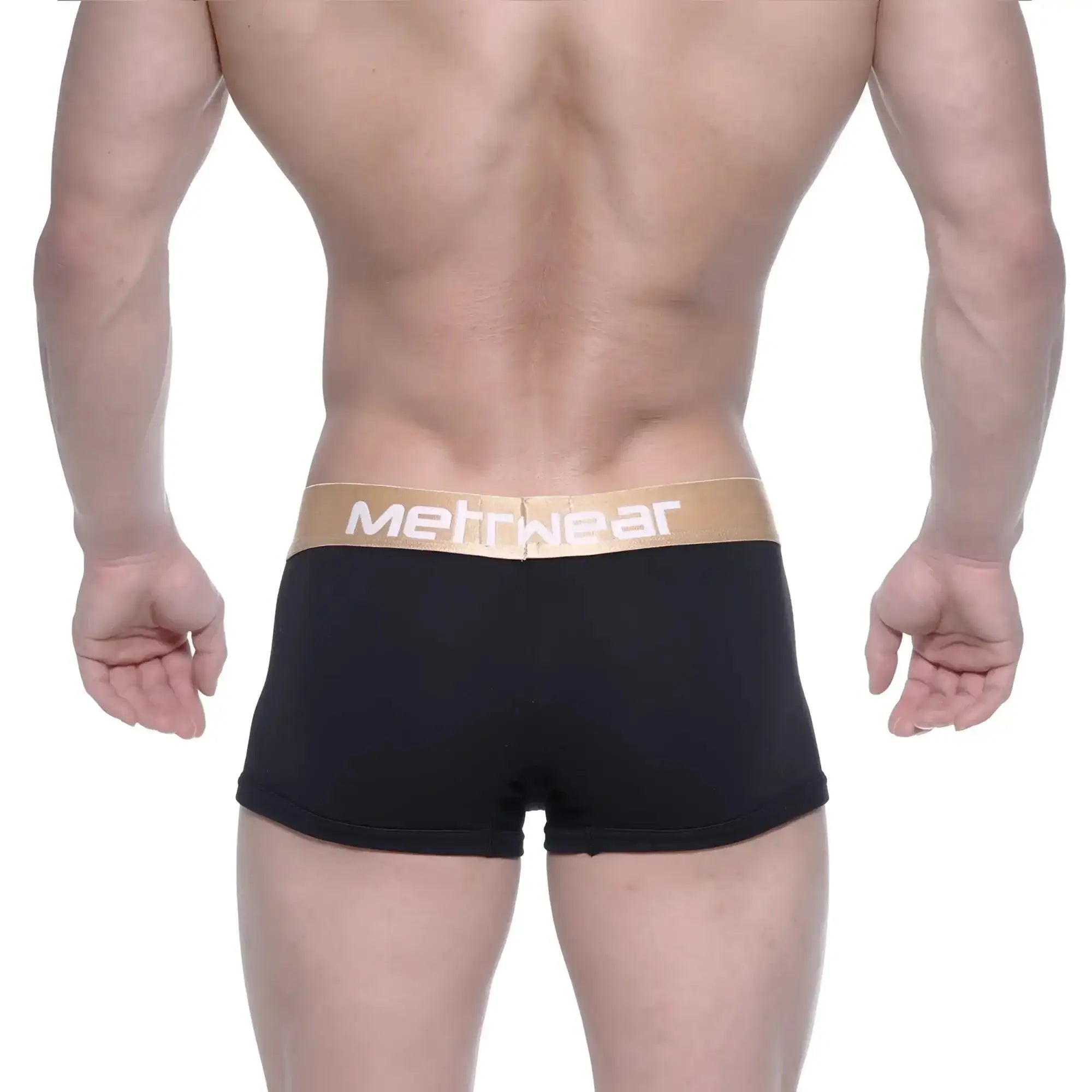 Black men’s body boxer briefs with tan waistband and methwear logo in white by metromalewear 1023-20