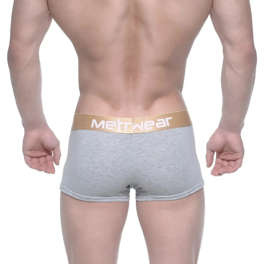 MetroMaleWear body boxer brief gray heathered with gold waistband featuring metwear logo in white lettering