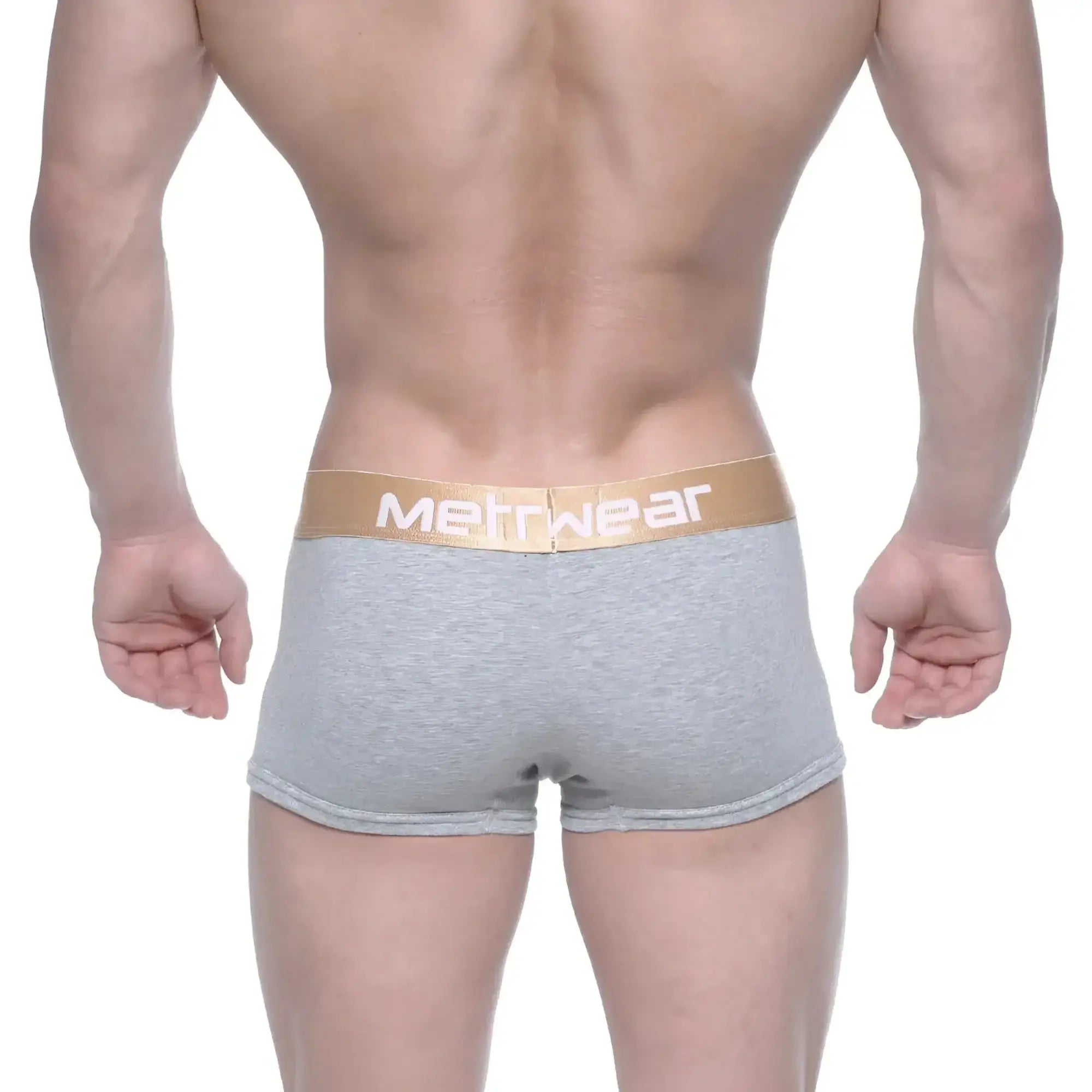 MetroMaleWear body boxer brief gray heathered with gold waistband featuring metwear logo in white lettering