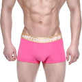 Bright pink metro malewear body boxer briefs with gold waistband featuring the metromalewear logo in front view
