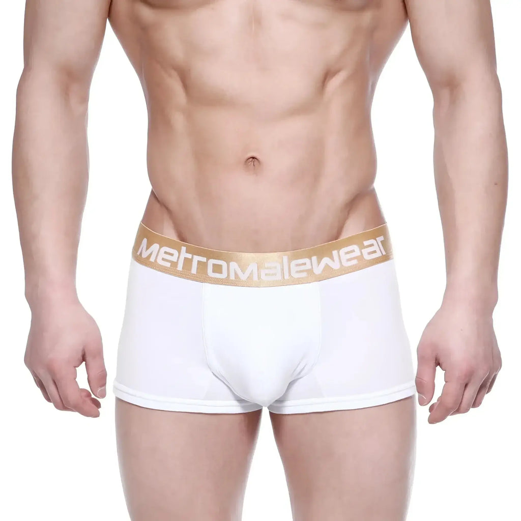 White men’s body boxer briefs with gold waistband featuring metromalewear logo metro malewear 1023-00