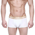 White men’s body boxer briefs with gold waistband featuring metromalewear logo metro malewear 1023-00