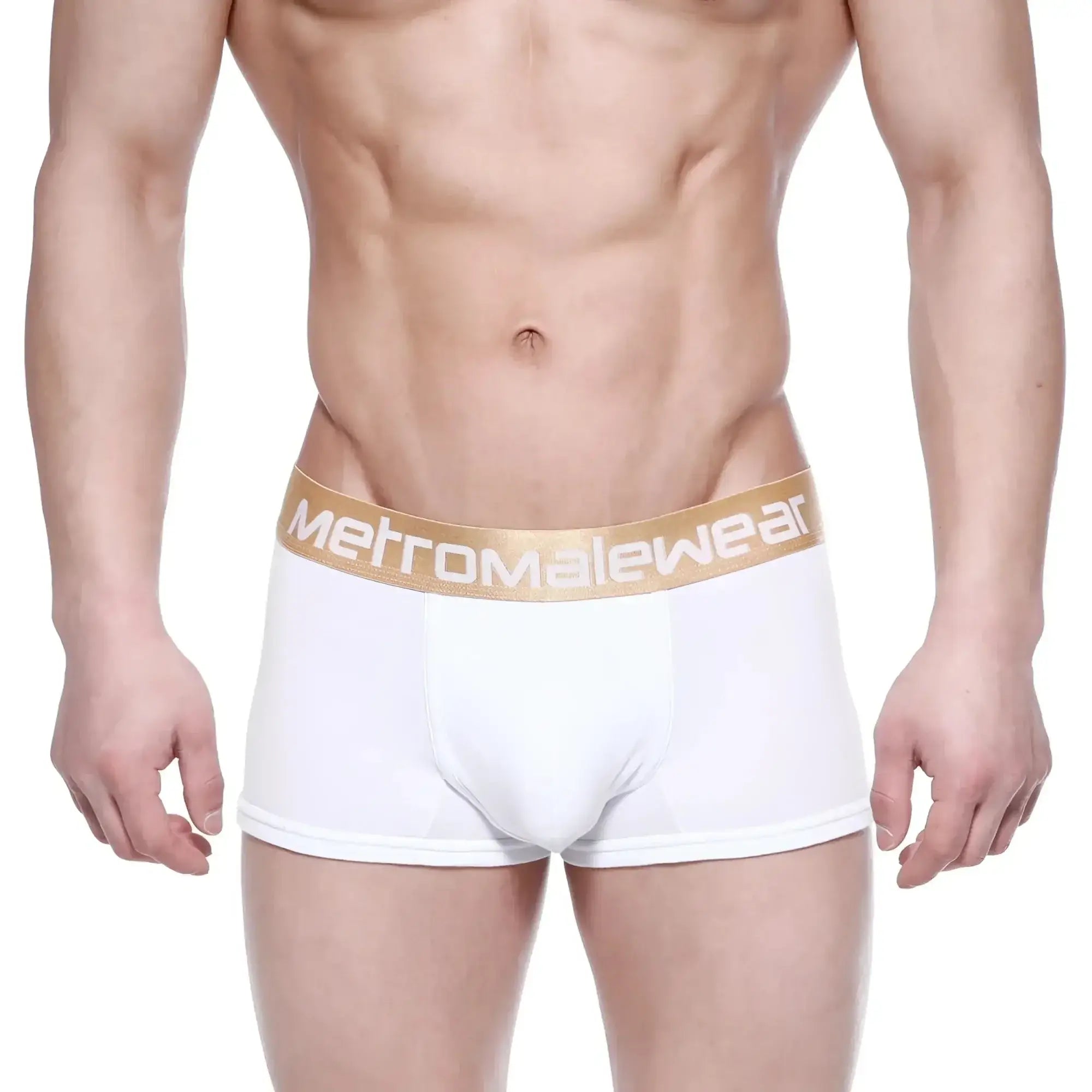 White men’s body boxer briefs with gold waistband featuring metromalewear logo metro malewear 1023-00