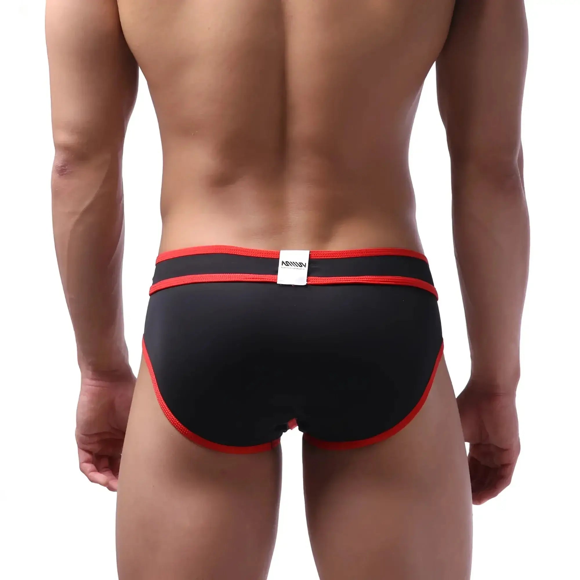 Black briefs with red trim and white waistband label metroMalewear bold swim brief red 4961-12