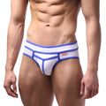 White and blue metro male wear bold swim briefs featuring a geometric design for athletic swim use