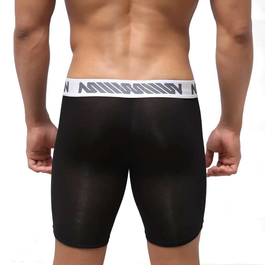 Black sheer athletic briefs with white gray striped waistband and bold nin branding metroMalewear bosillo bold long boxer