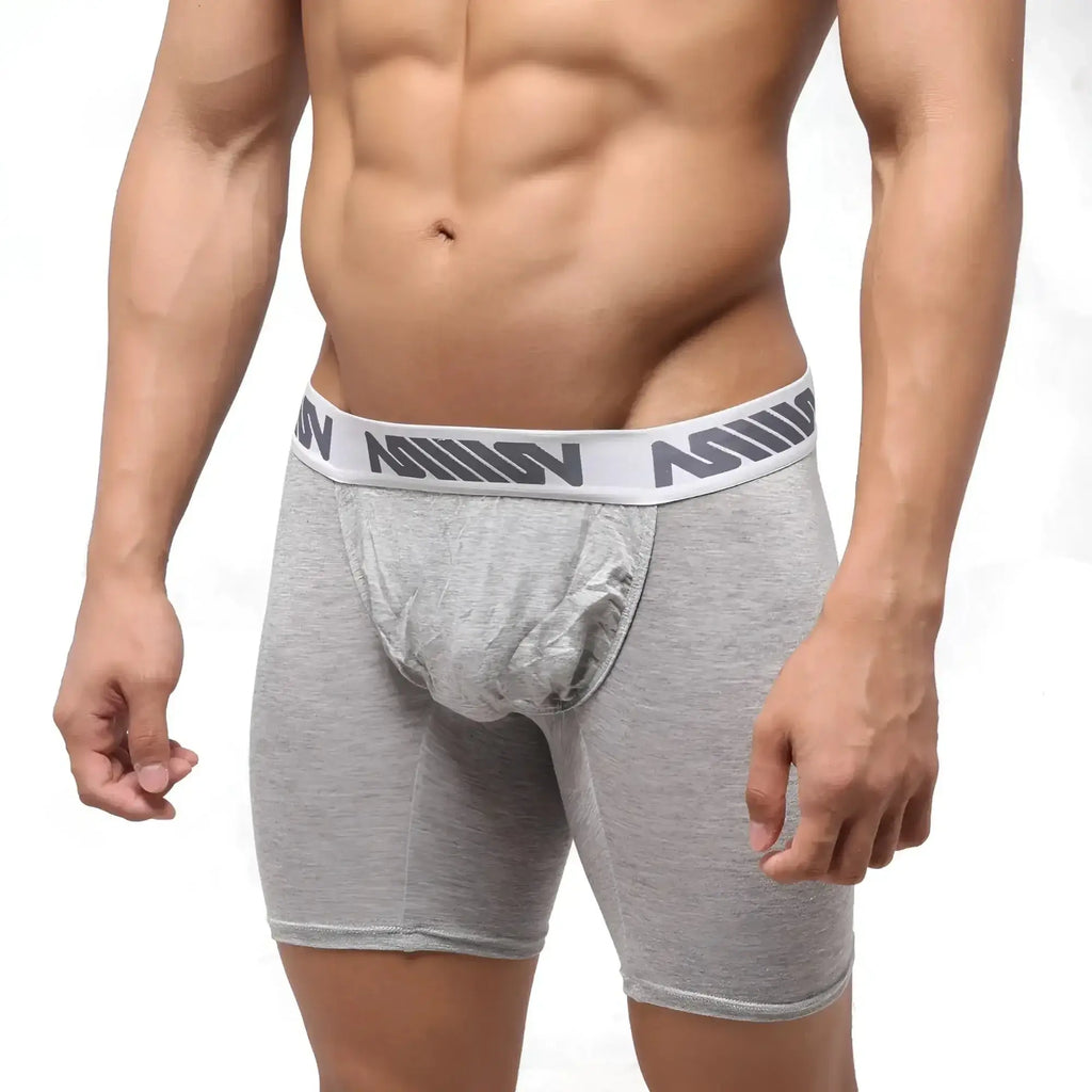 Gray heathered boxer briefs with white elastic waistband featuring repeating dark gray million logo by metromalewear