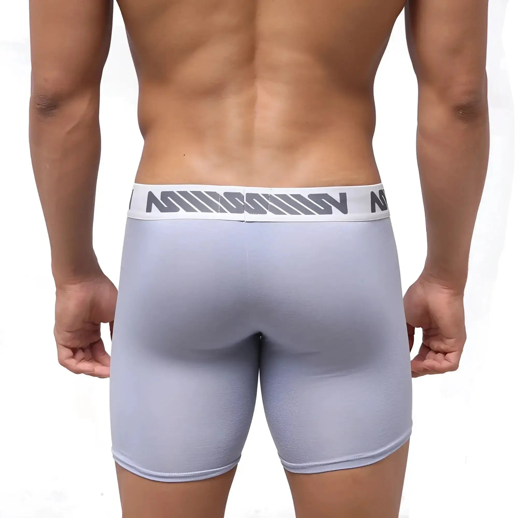 Gray athletic briefs with white waistband and gray geometric logo pattern.