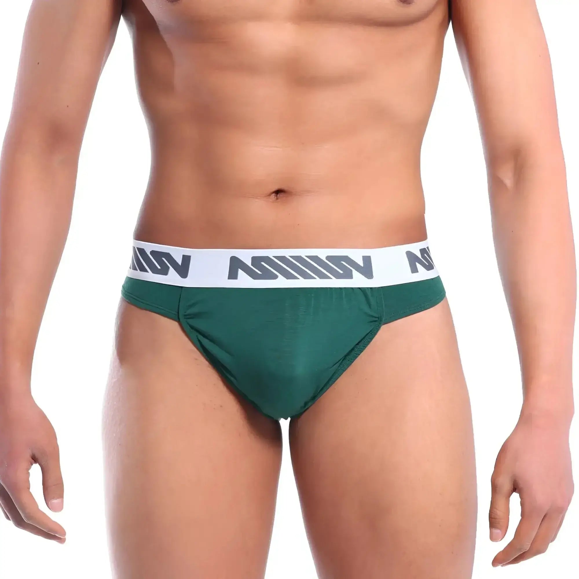 Dark green bosillo bold thong with white elastic waistband and gray logo pattern by metromalewear pine green 3512-07