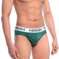 Metro malewear bosillo brief pine green men’s briefs with white elastic waistband and gray logo pattern
