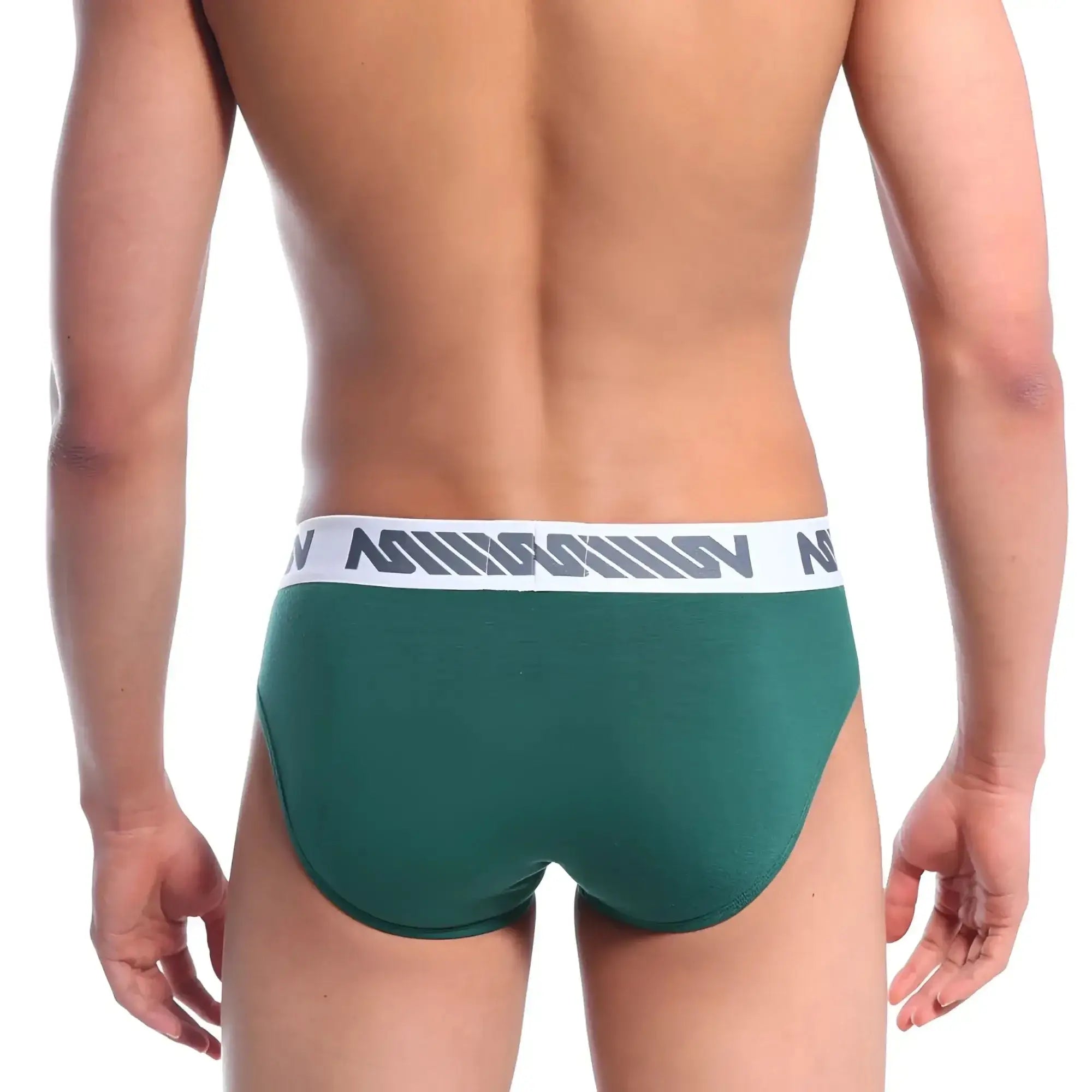 MetroMaleWear bosillo brief in pine green with white elastic waistband and gray geometric logo pattern