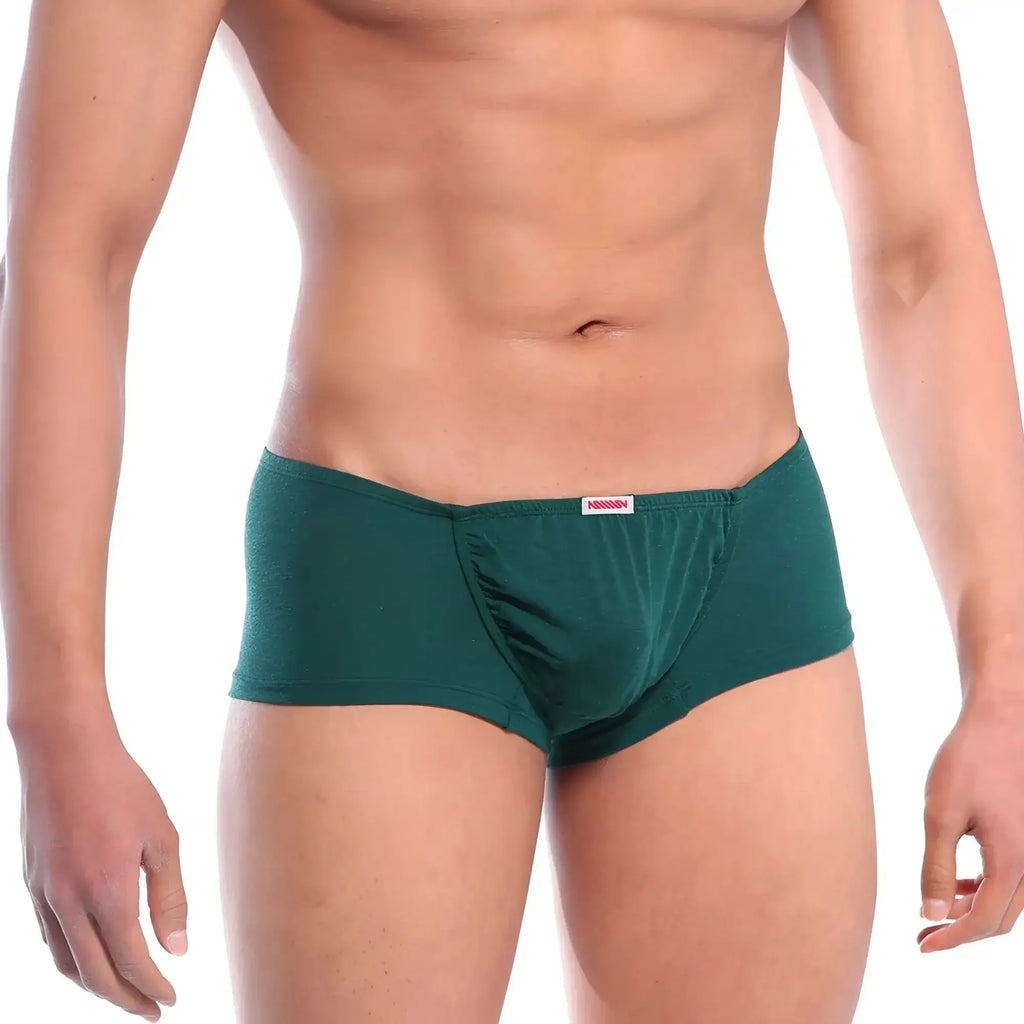 MetroMaleWear Bosillo short boxer in pine green with form-fitting textured fabric and small red brand tag at waistband
