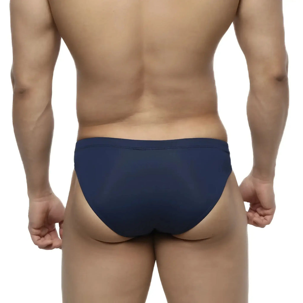 Navy blue smooth form-fitting briefs metroMaleWear bosillo swim bikini designed for comfortable swim use