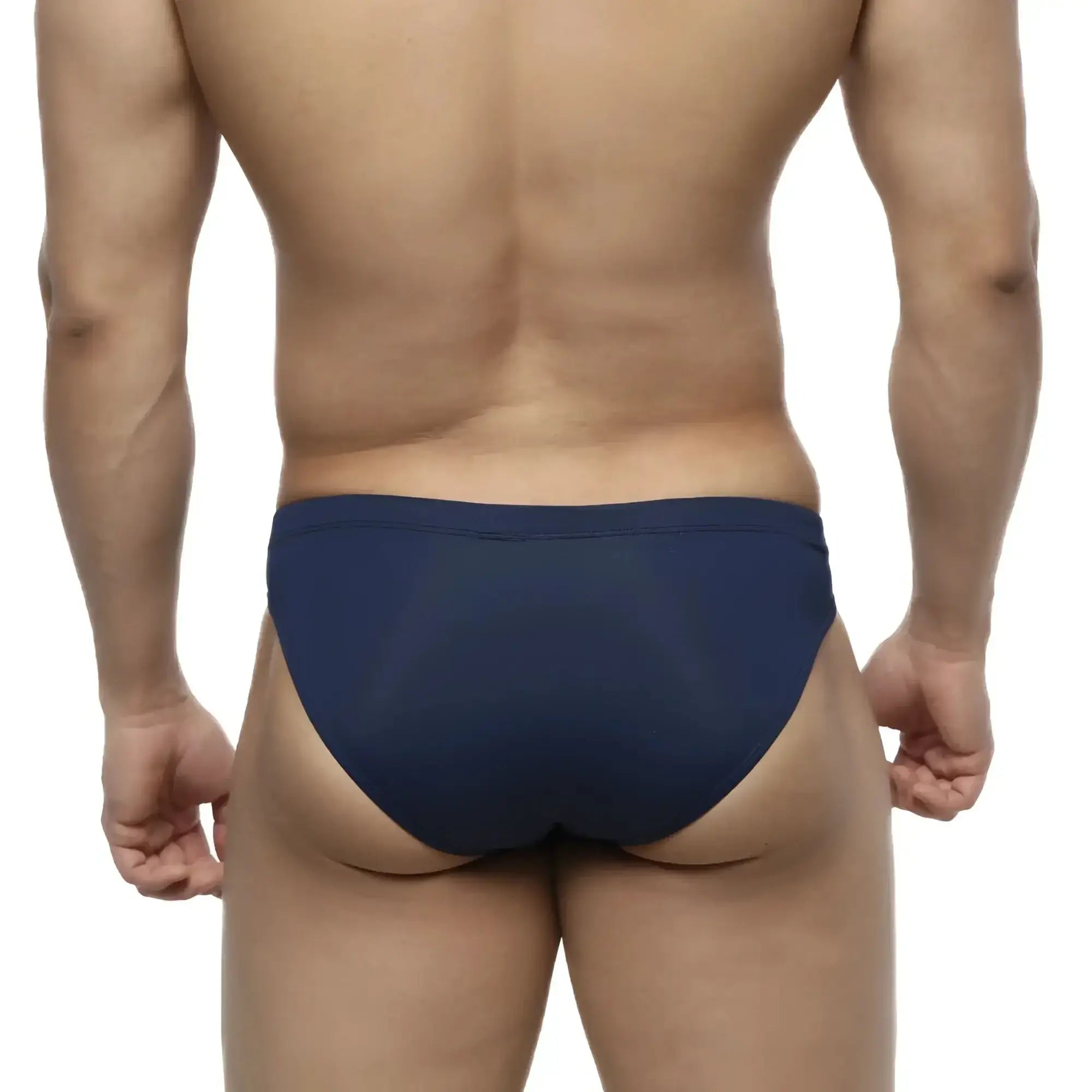 Navy blue smooth form-fitting briefs metroMaleWear bosillo swim bikini designed for comfortable swim use