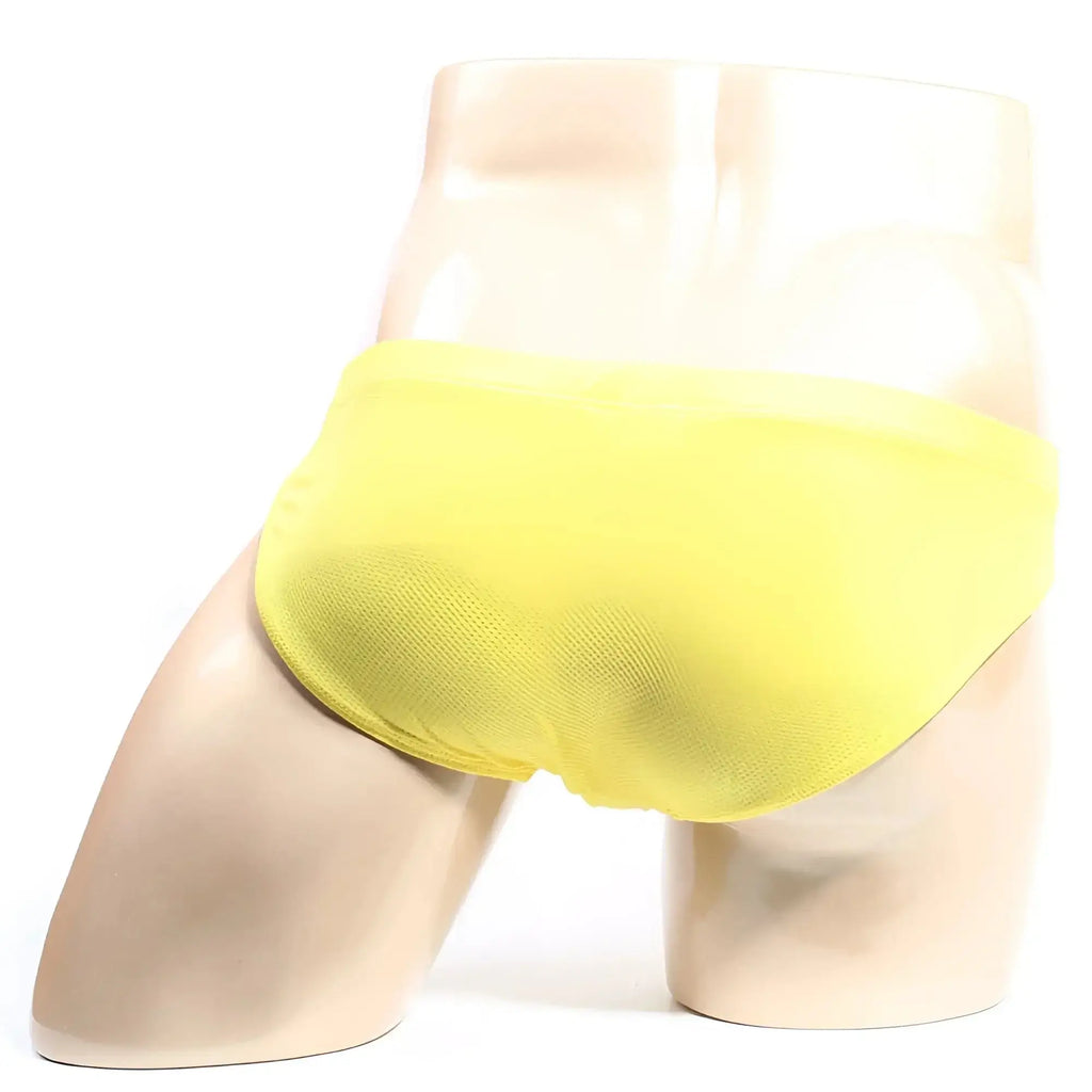 Bright yellow briefs by metromalewear bravo bikini 7103-15 displayed on a mannequin showing front side