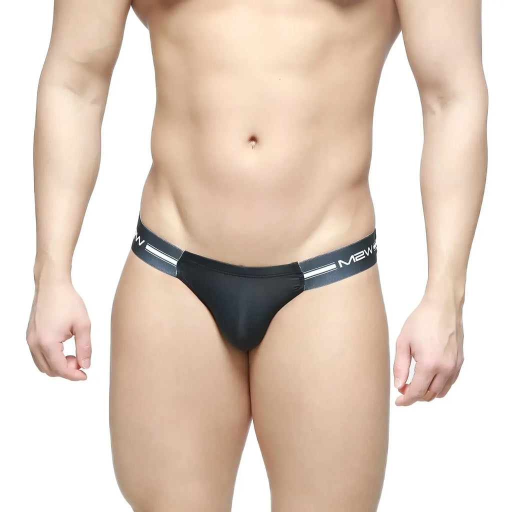 MetroMaleWear Brief 2.0 black thong with sleek form-fitting design and white logo stripes on waistband