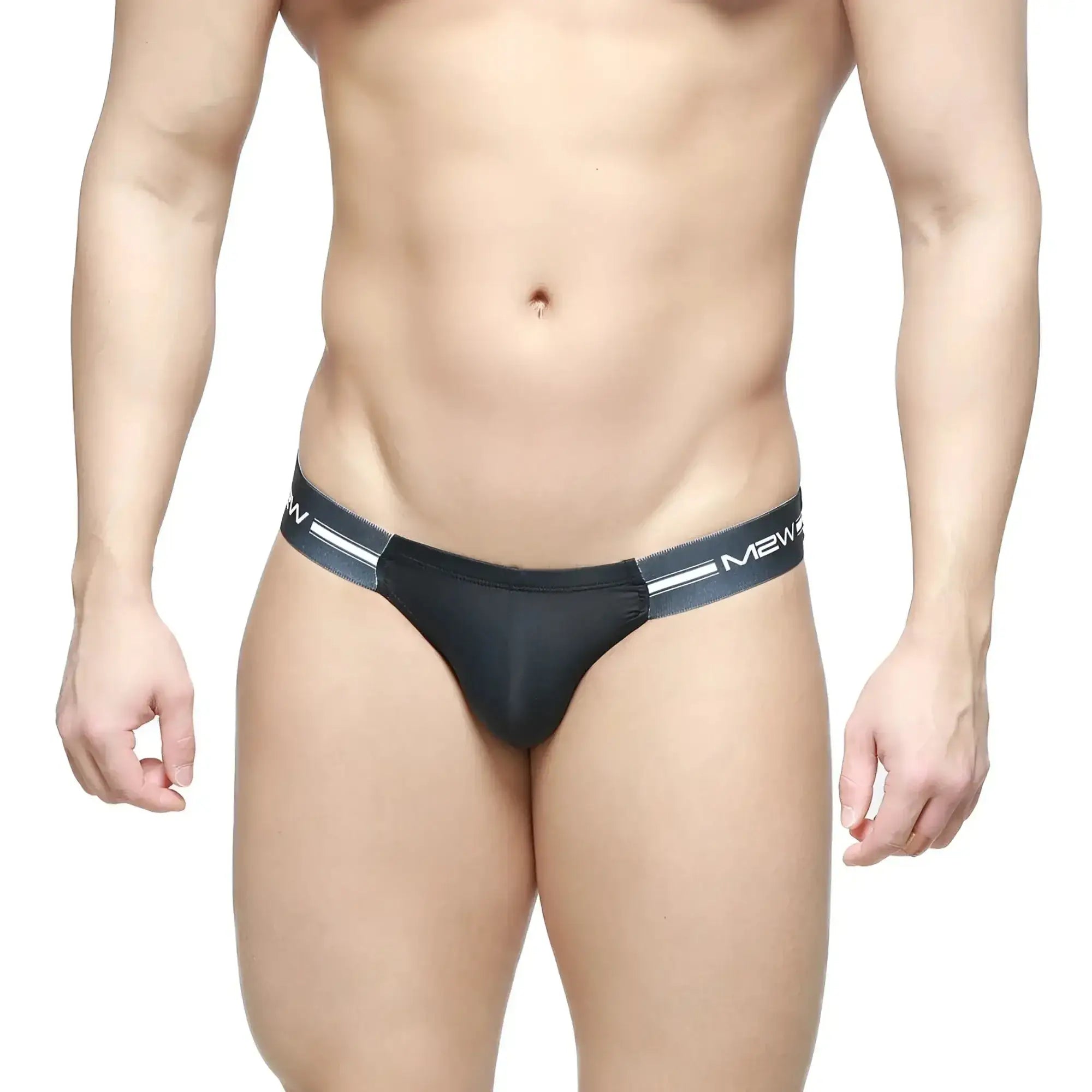 MetroMaleWear Brief 2.0 black thong with sleek form-fitting design and white logo stripes on waistband