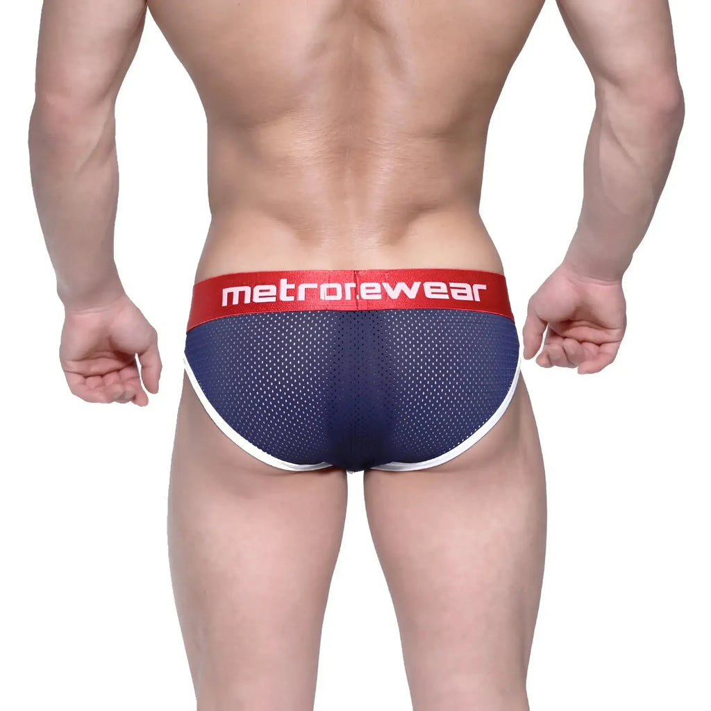 Navy blue mesh briefs with red metrorewear waistband and white trim metroMalewear bruno brief dark blue 2803-31
