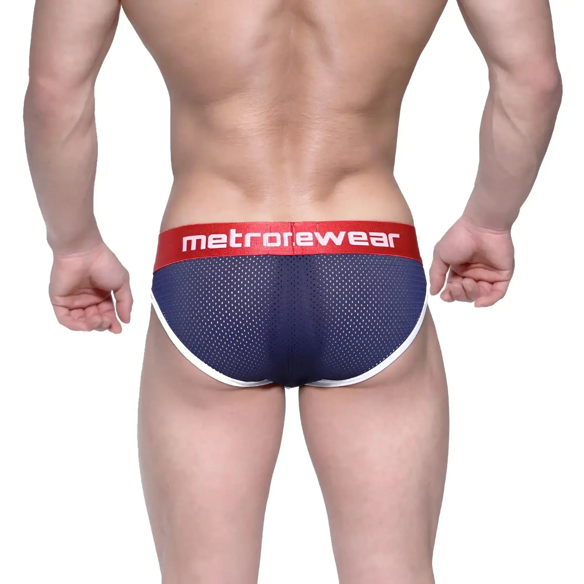 Navy blue mesh briefs with red metrorewear waistband and white trim metroMalewear bruno brief dark blue 2803-31