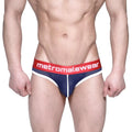 MetroMaleWear Bruno brief dark blue mesh briefs with red waistband white metromalewear branding and white trim