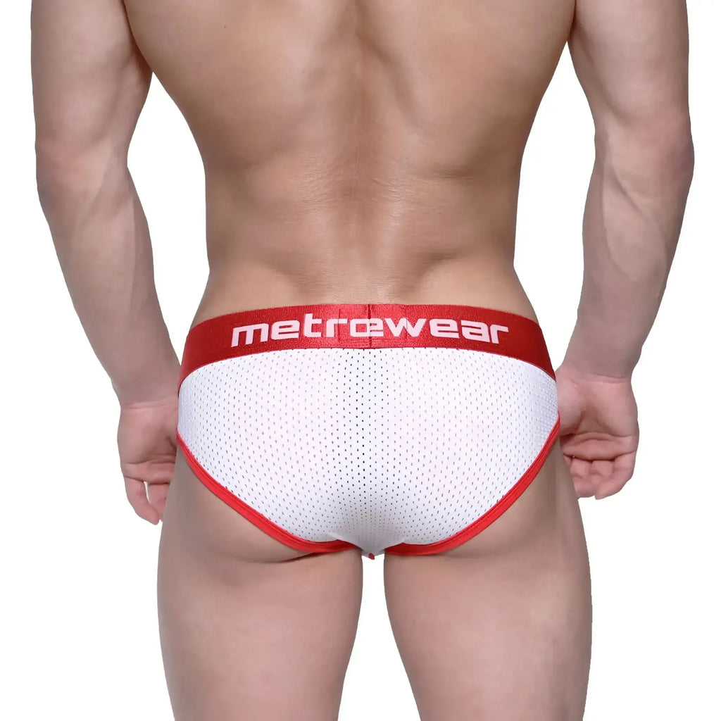 MetroMaleWear Bruno brief red 2803-30 white mesh briefs with red trim and waistband featuring Metrewear logo