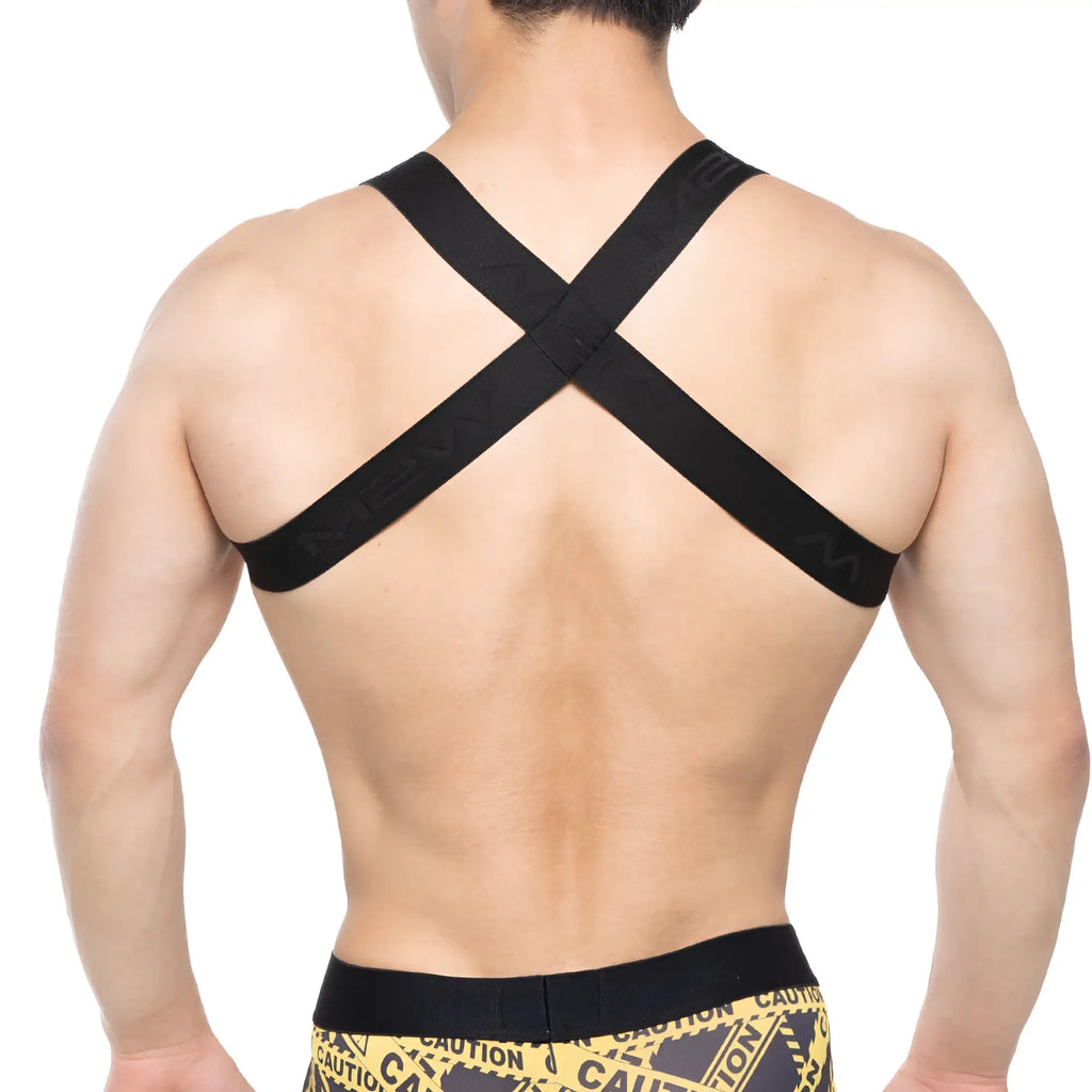 Black metro malewear brutal harness athletic support strap with cross-back design and subtle embossed branding
