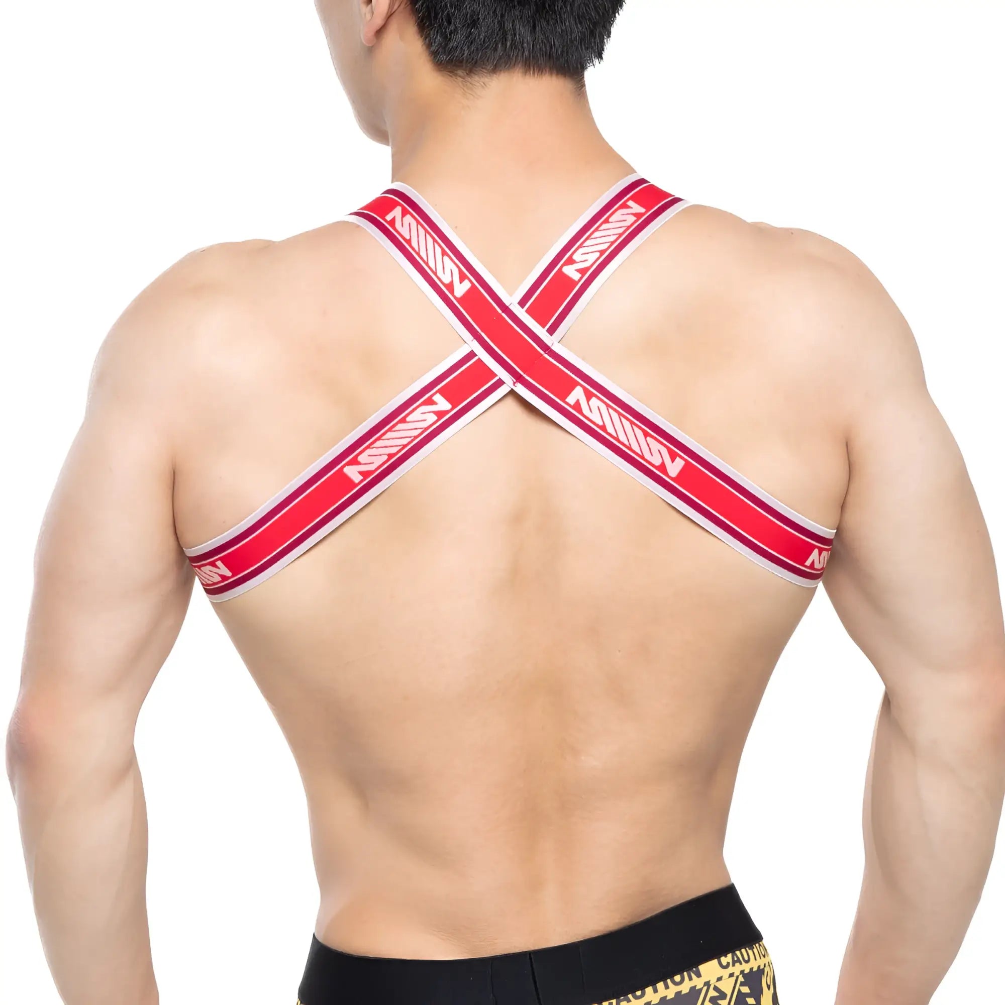 Red and white striped cross-back athletic supporter harness with bold million branding metro male wear brutal harness