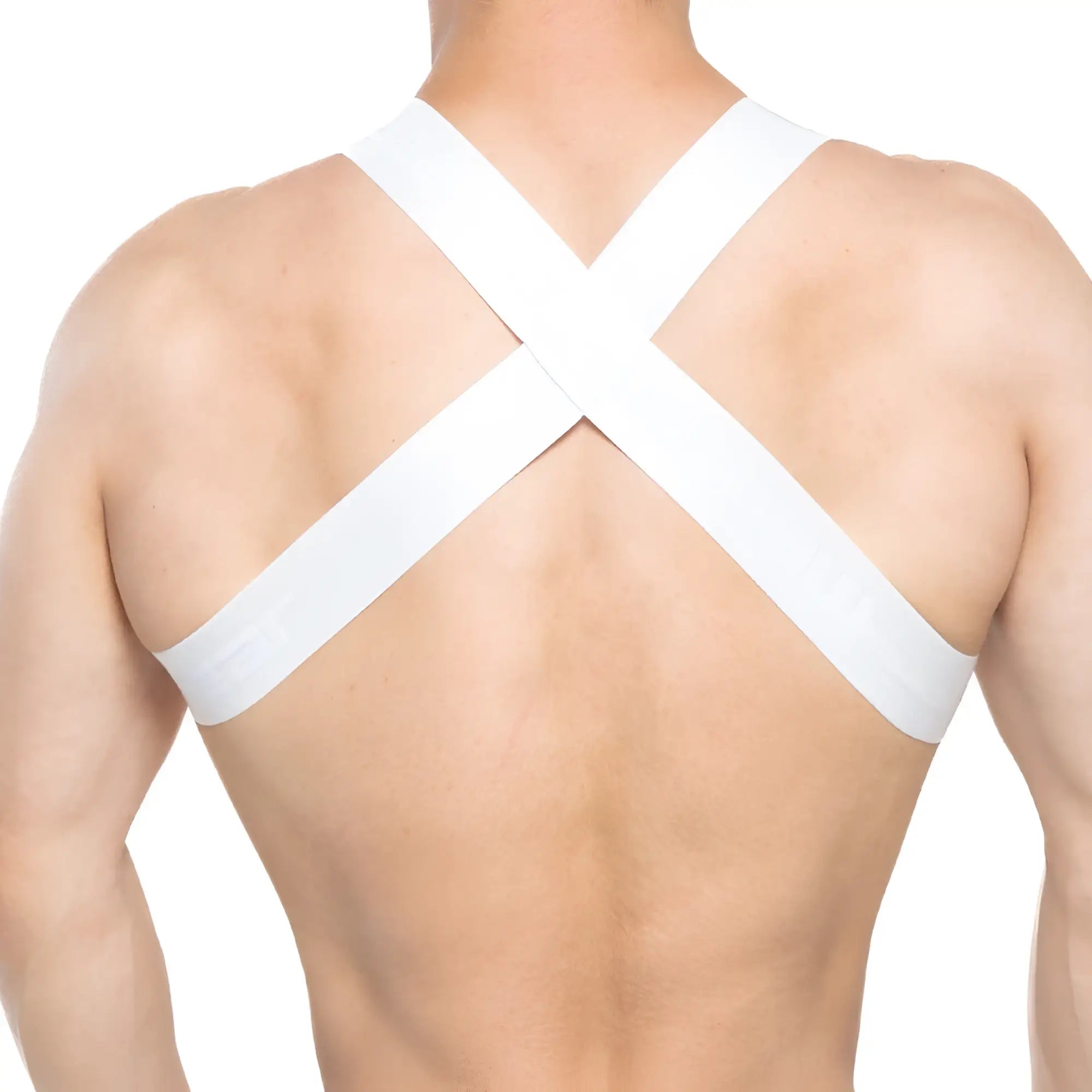 White cross-back support strap harness by metromalewear shown from the back in white for secure shoulder fit