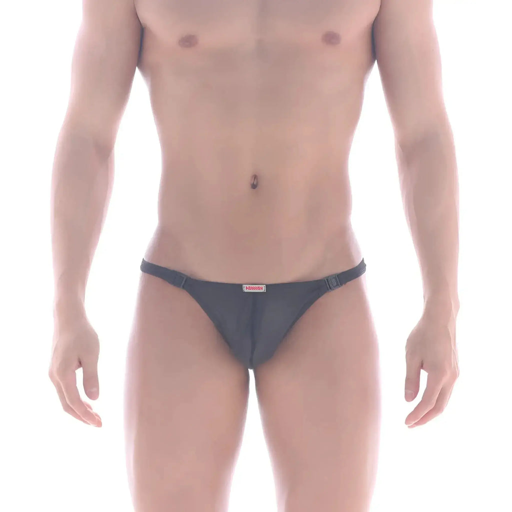 Black mesh briefs with a red and white MetroMaleWear brand tag on the waistband for a sleek buckle bikini look