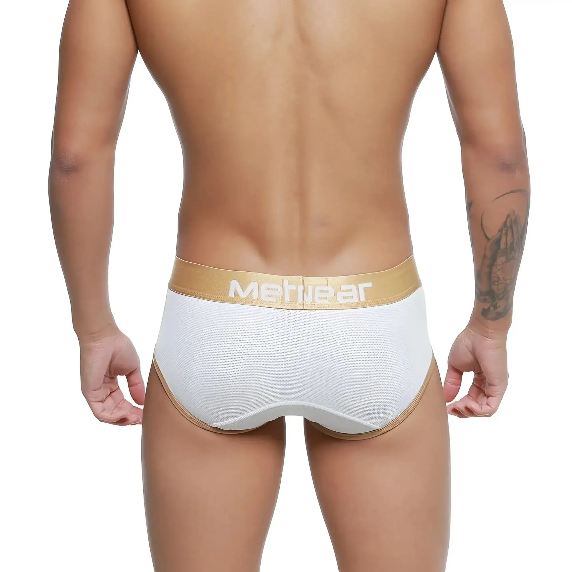 White metwear briefs with gold waistband and trim from metromalewear cairo brief 5106-00 collection