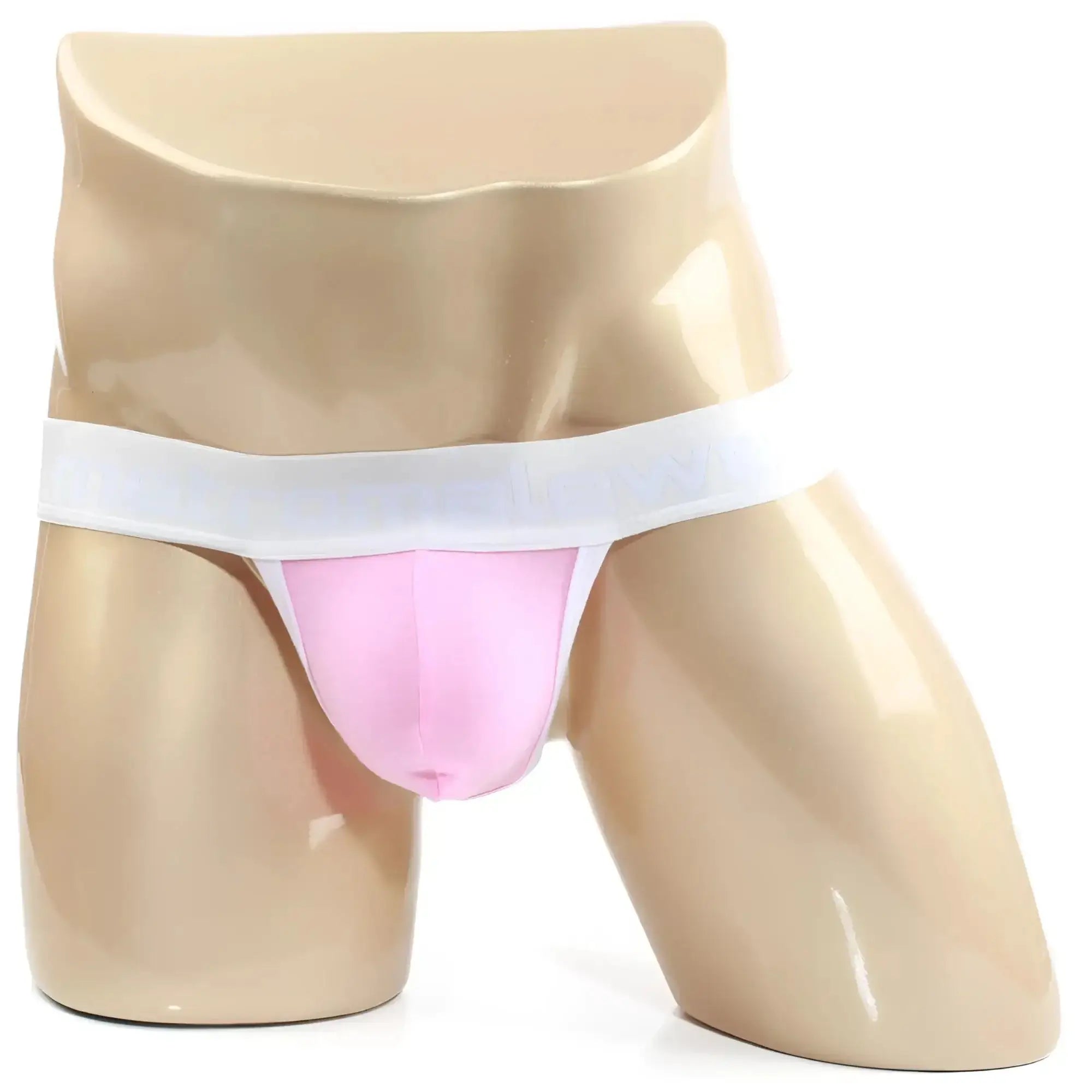 MetroMaleWear Candy Coated pink thong with white waistband displayed on mannequin front view for men’s underwear