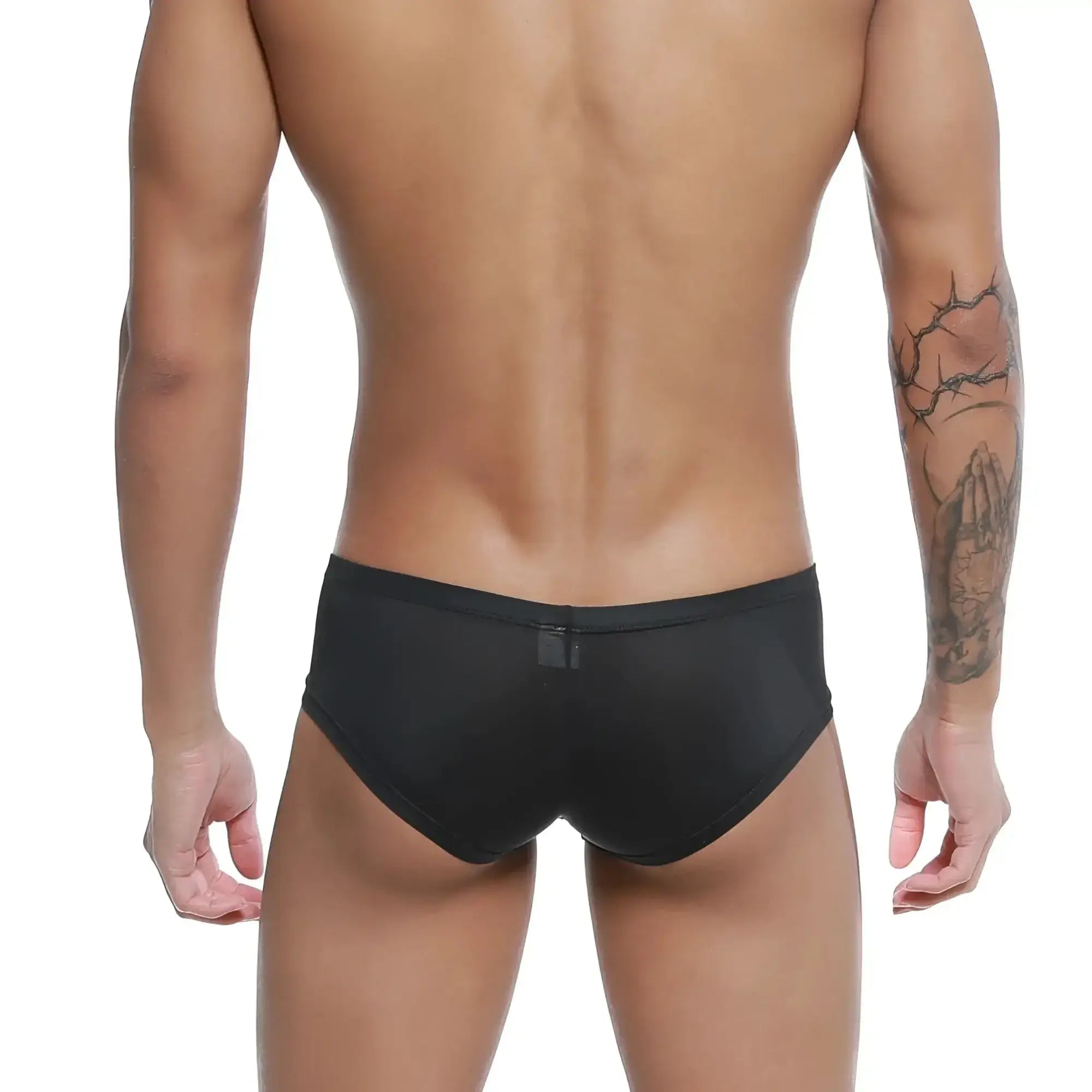 Back view of metro malewear cannon black boxer trunks with subtle sheen and small rectangular tag on waistband