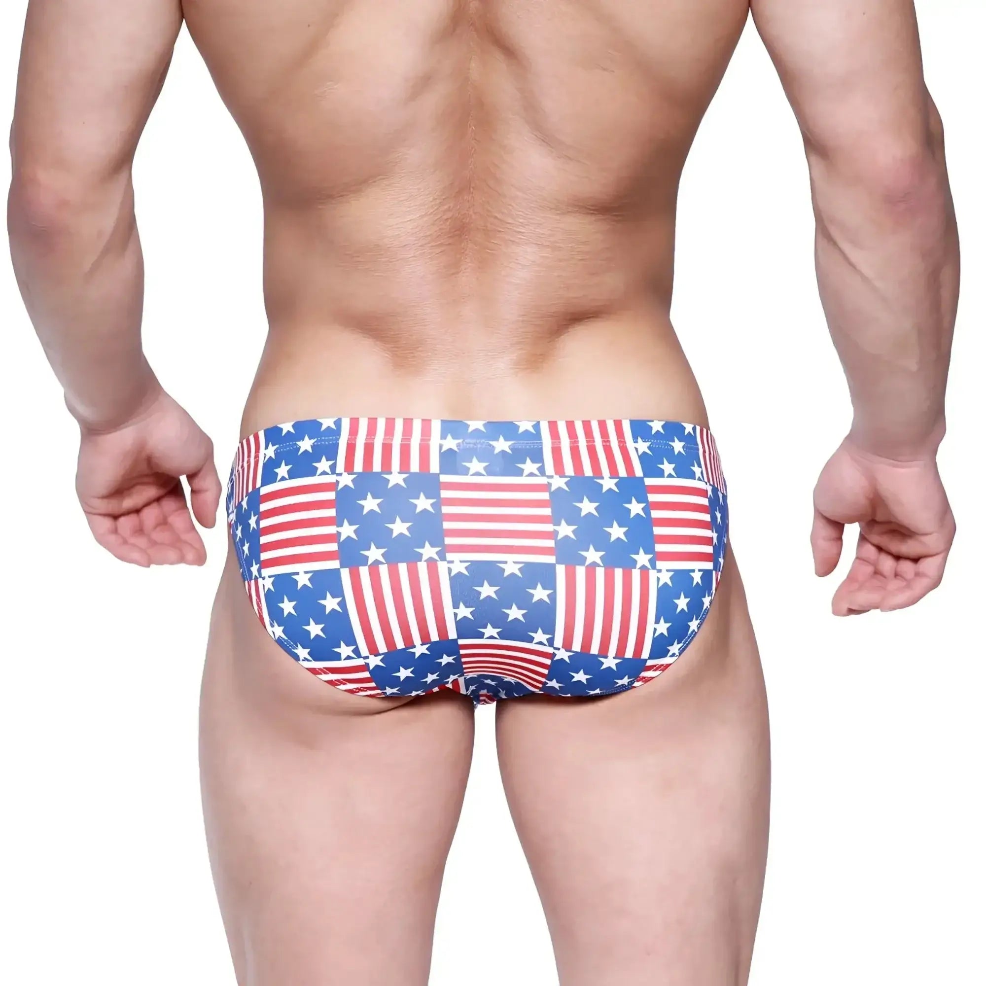 MetroMaleWear cannon hip brief usa blue swim trunks with American flag patchwork in red white and blue