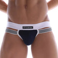 Navy blue and white striped men’s briefs with branded waistband by metromalewear canoa jock strap navy 3011-28