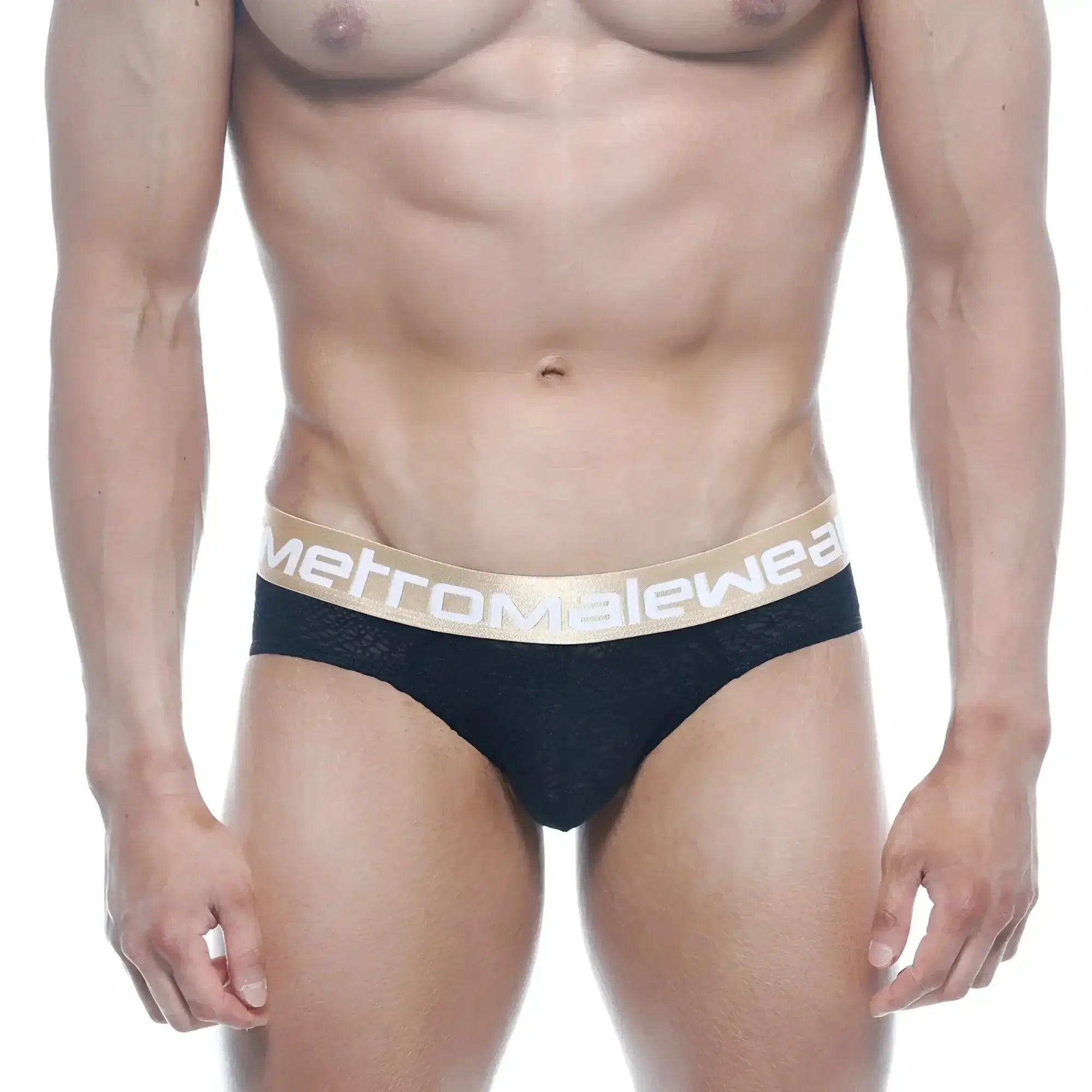 Black lace men’s briefs with gold metromalewear waistband carved hip brief style in black 5003-61