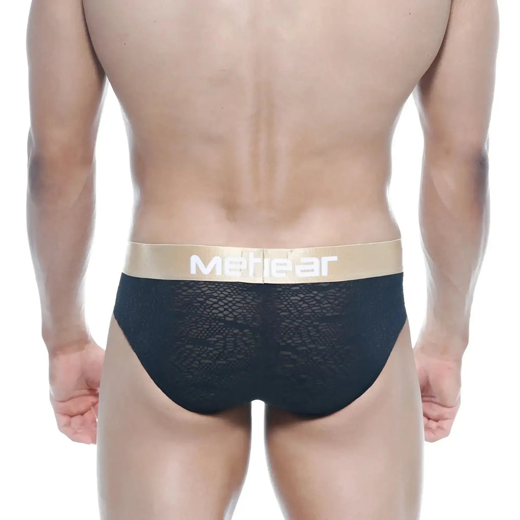 Black lace mens briefs with gold waistband featuring mehear brand name metro malewear carve hip brief black 5003-61