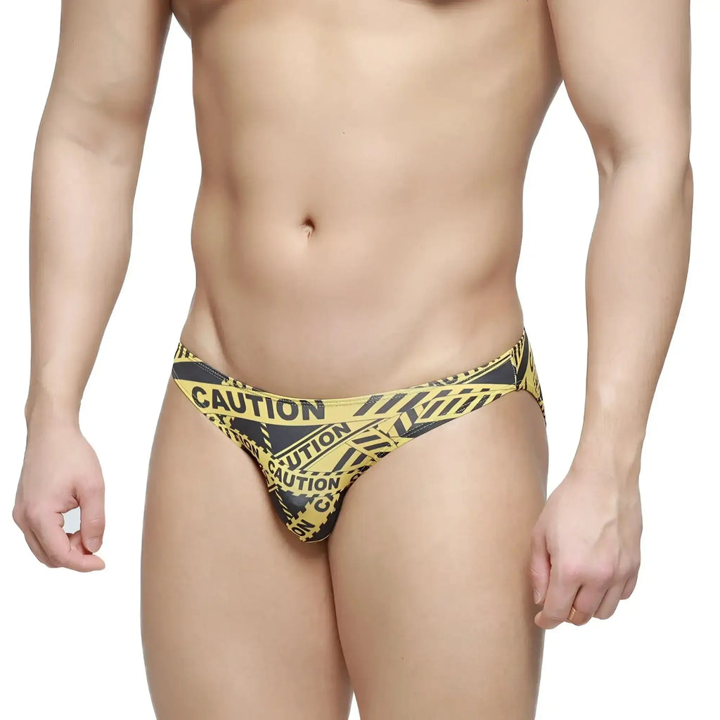 MetroMaleWear caution lowrise bikini briefs in yellow and black caution tape pattern for bold men’s underwear style