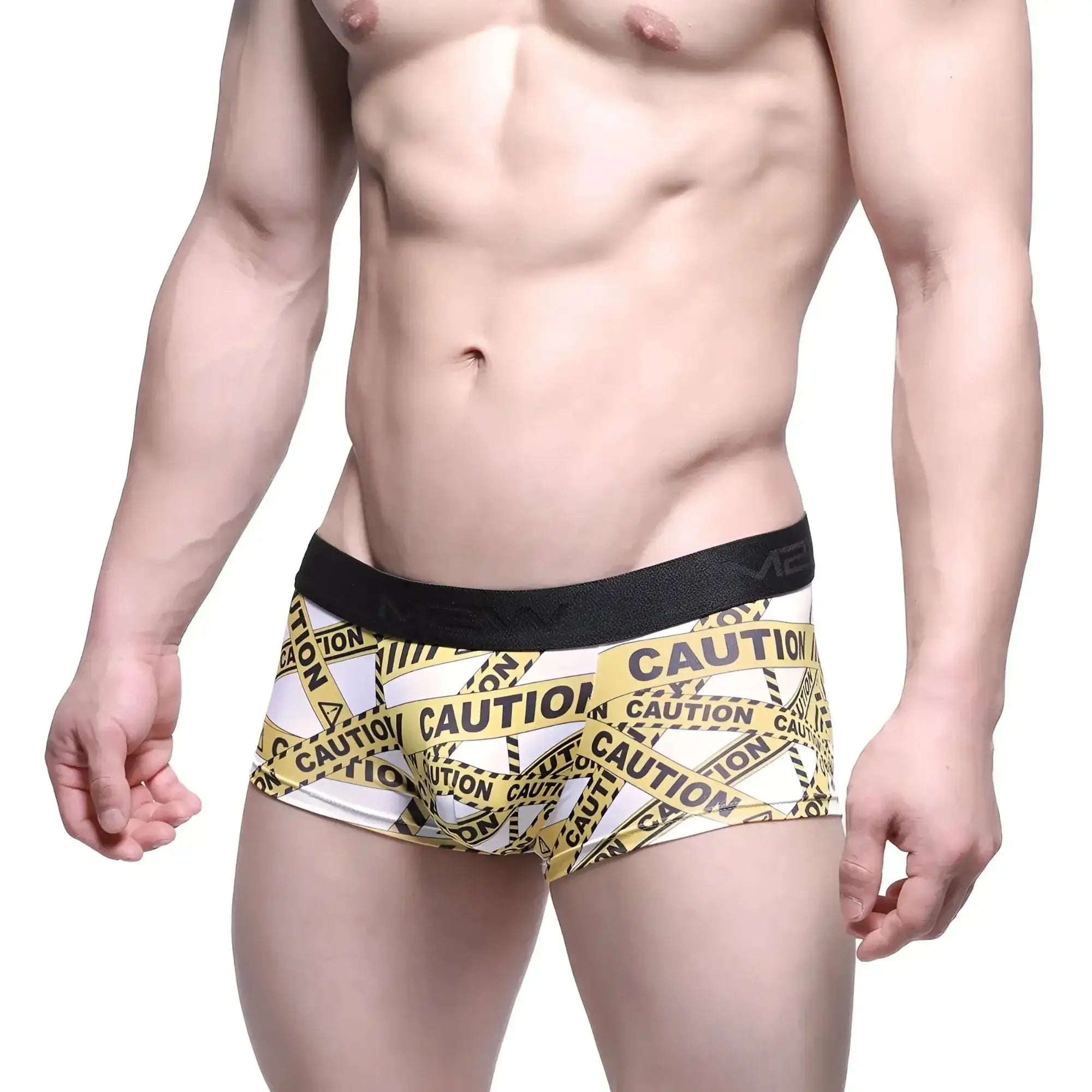 White boxer briefs metro malewear caution trunk 2026-69 with bold yellow black caution tape and black waistband