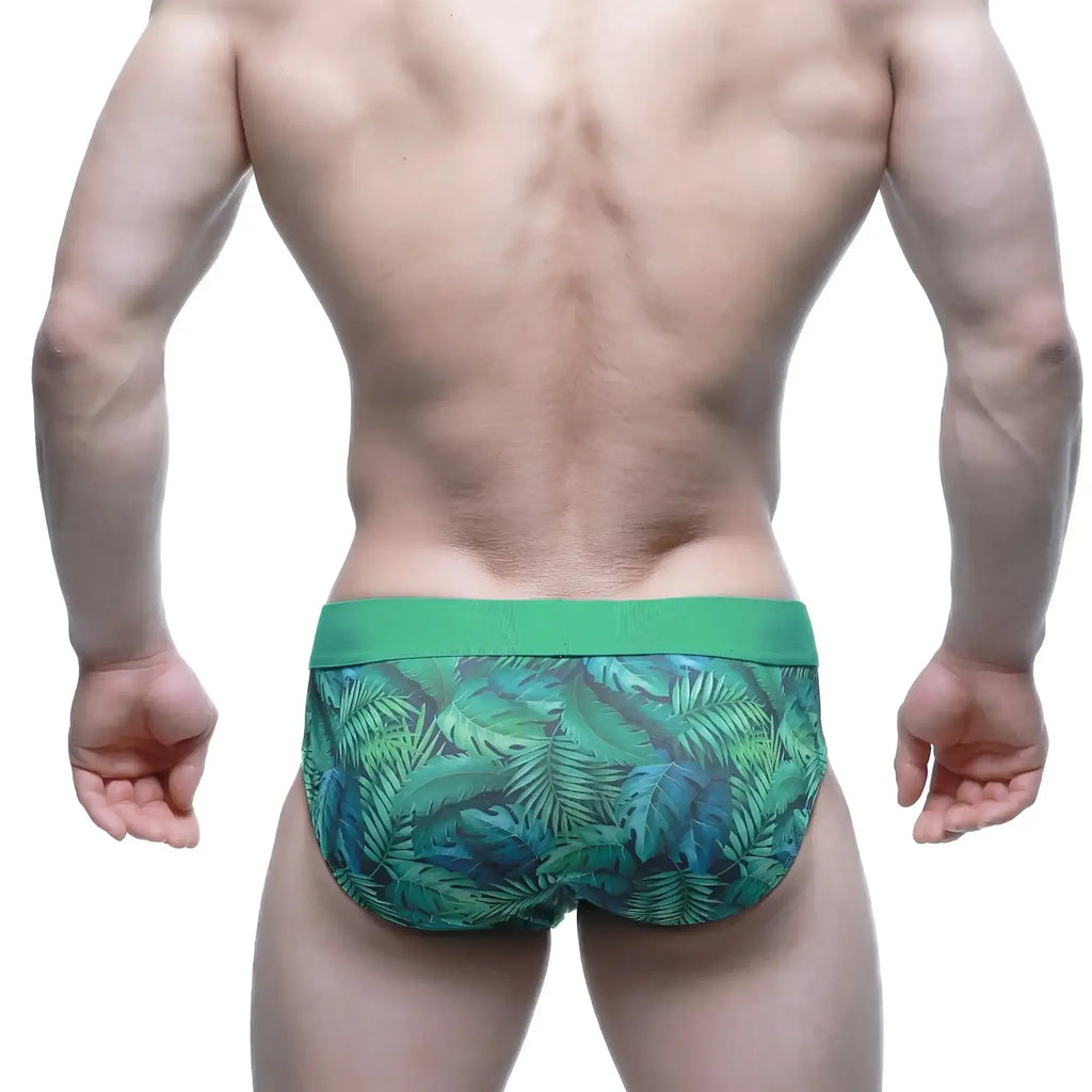 MetroMaleWear Celva Brief 5203-17 green tropical leaf patterned men’s briefs with solid green waistband