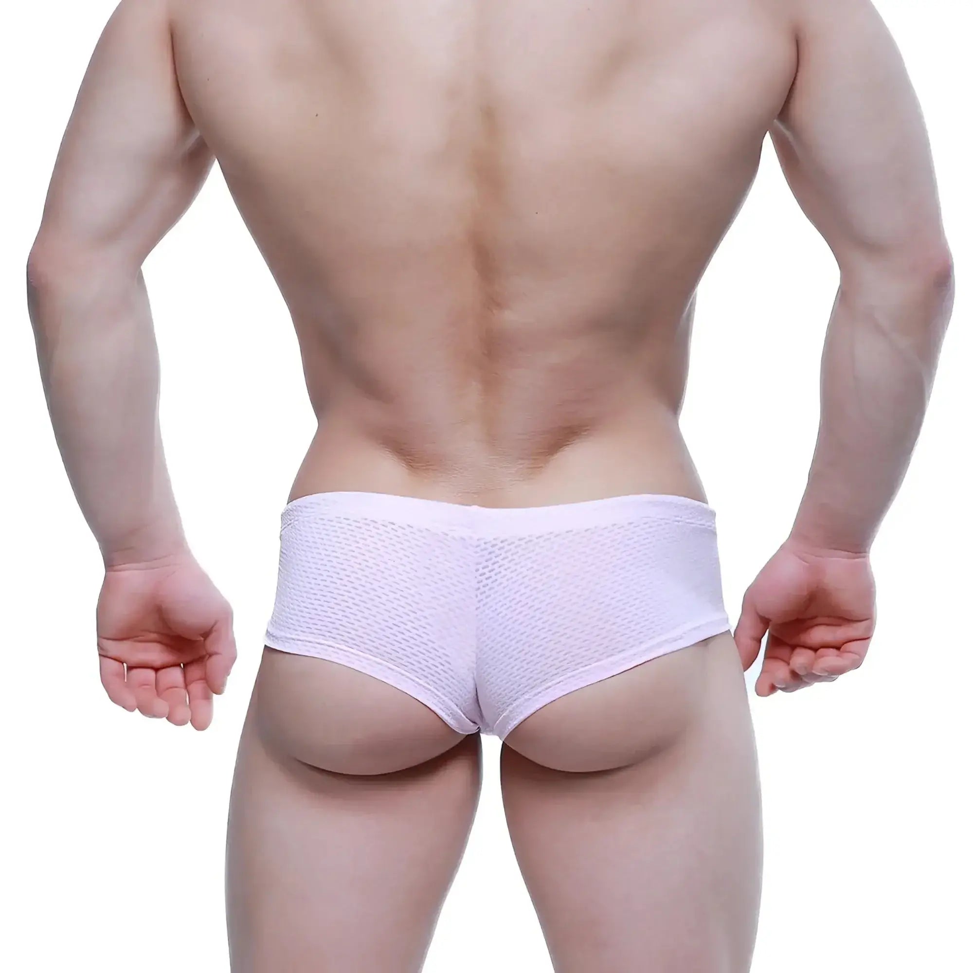 White mesh briefs with honeycomb pattern in pink color from MetroMaleWear cheek collection front view