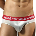 MetroMaleWear chrome hip brief in silver metallic with red waistband and white logo for stylish men’s underwear