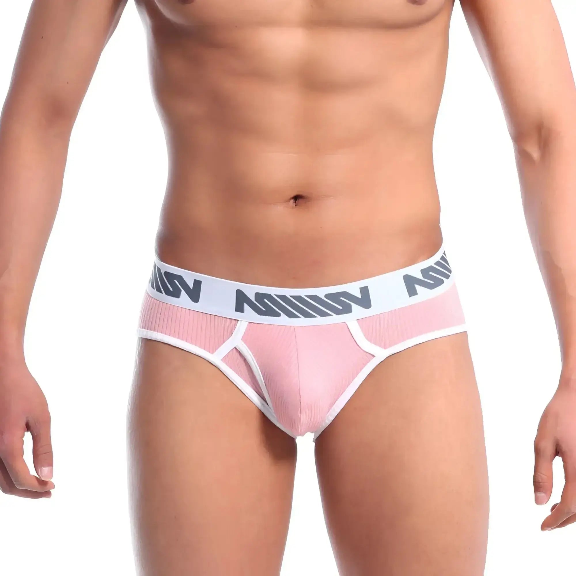 Metro male wear classic ribbed briefs in marshmallow pink with white trim and gray logo band in textured fabric