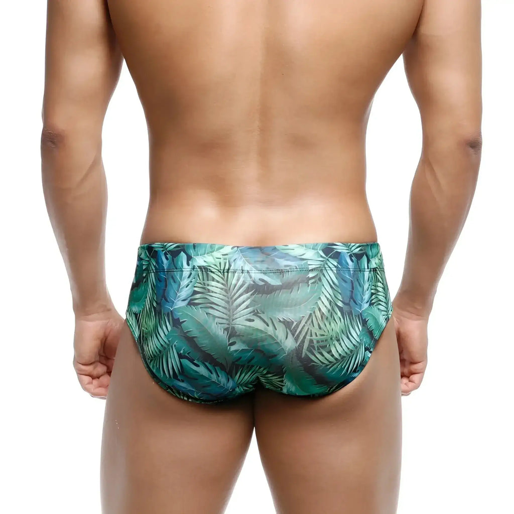MetroMalewear classic green tropical leaf patterned swim brief designed for comfortable beachwear