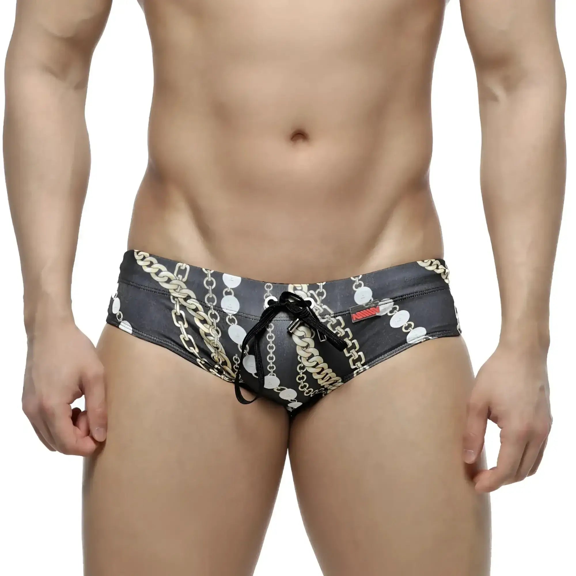 MetroMaleWear classic swim brief Rico 4914-95 black with bold gold and white chain-link pattern and matching drawstring