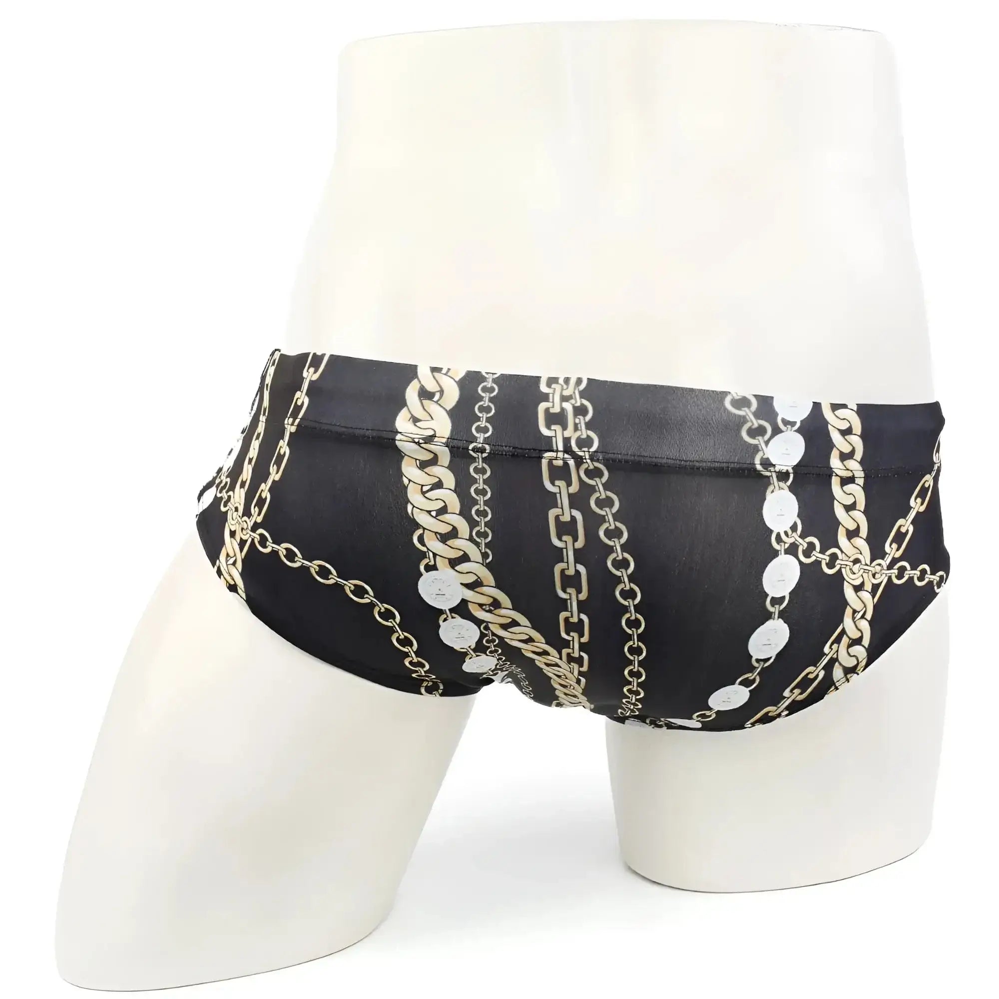 Black swim trunks with bold gold and silver chain pattern and circular medallions metroMalewear classic swim brief