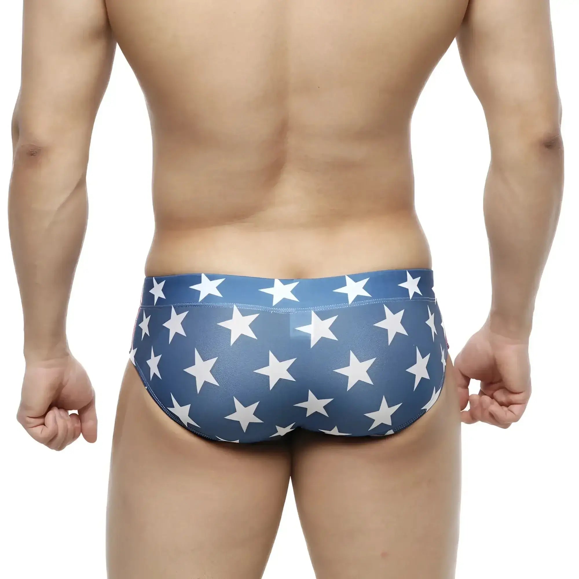 Blue swim trunks with white star pattern metroMalewear classic swim brief usa 4914-92 for men
