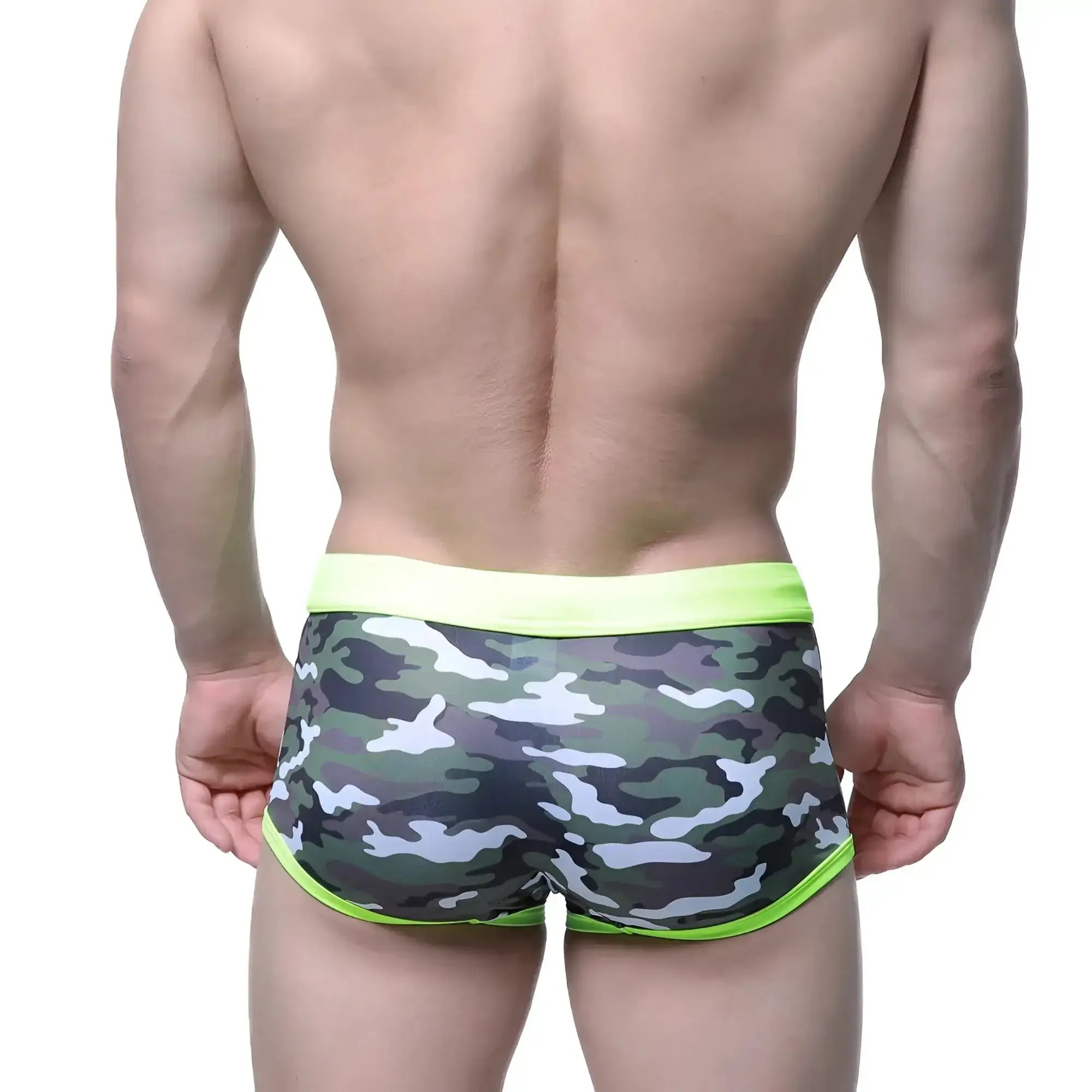 MetroMalewear classic swim trunk camo green 4932-91 men’s camouflage briefs with neon green waistband and trim