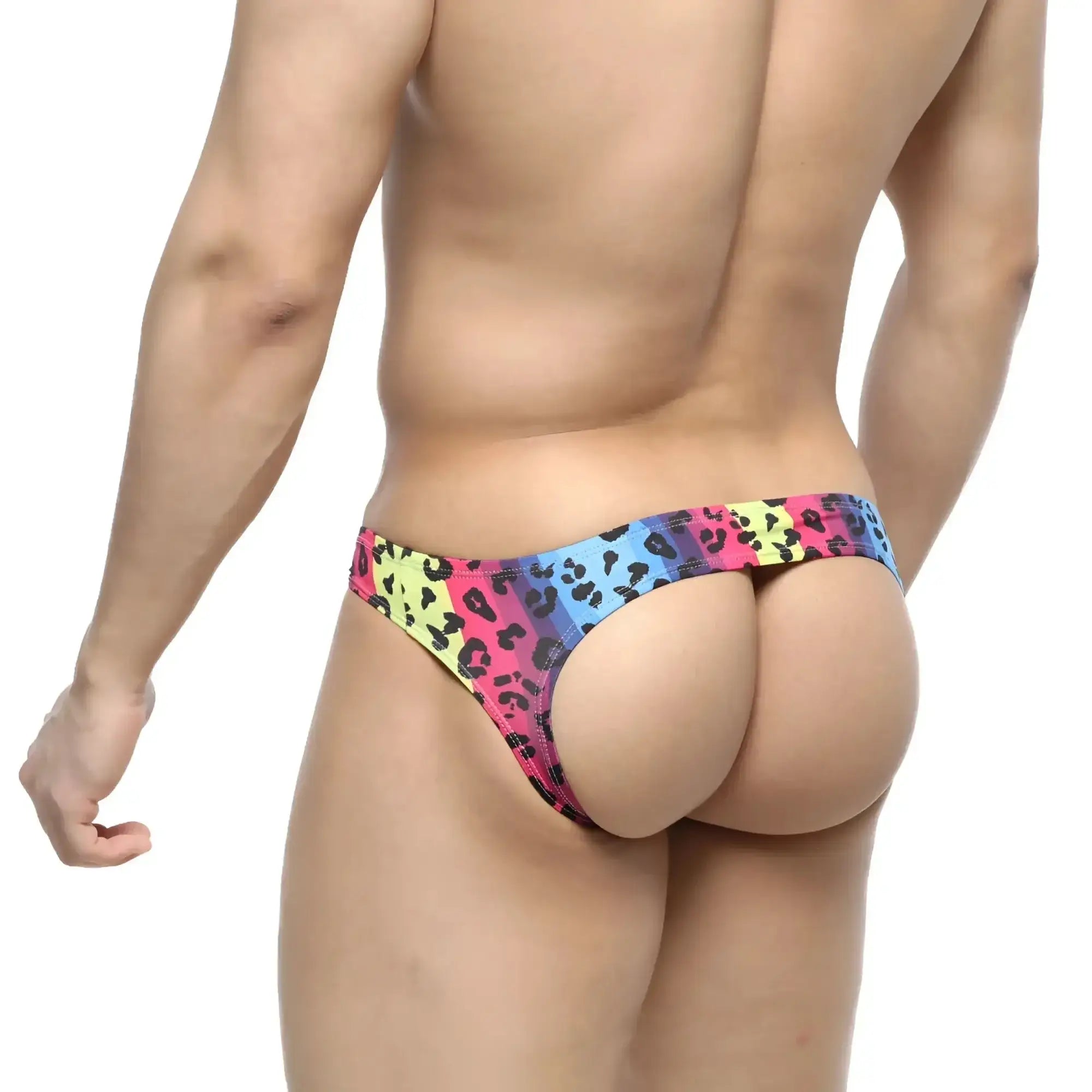 MetroMaleWear Colorado neon 5011-05 vibrant neon leopard-print thong in pink blue and yellow hues front view